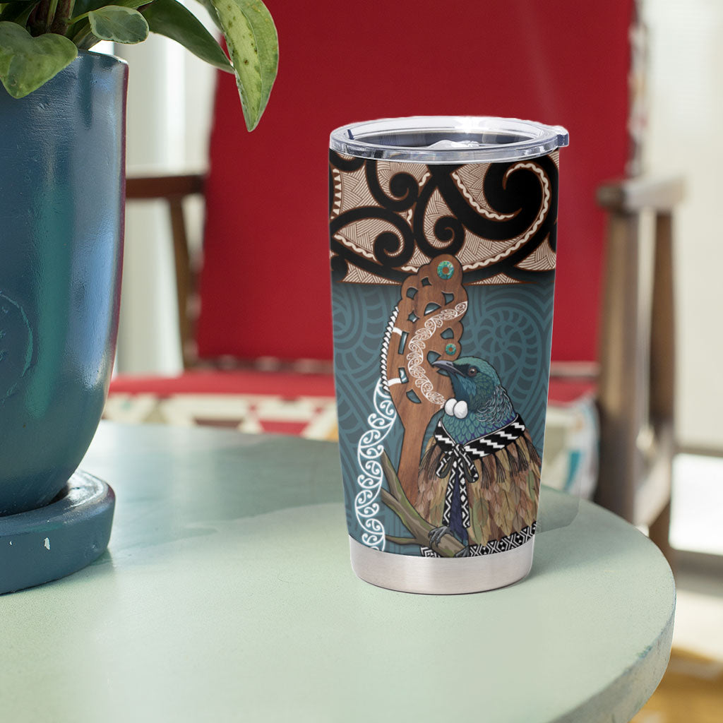 New Zealand Tui Bird Maripi Tumbler Cup Maori Weapon Kowhaiwhai Pattern