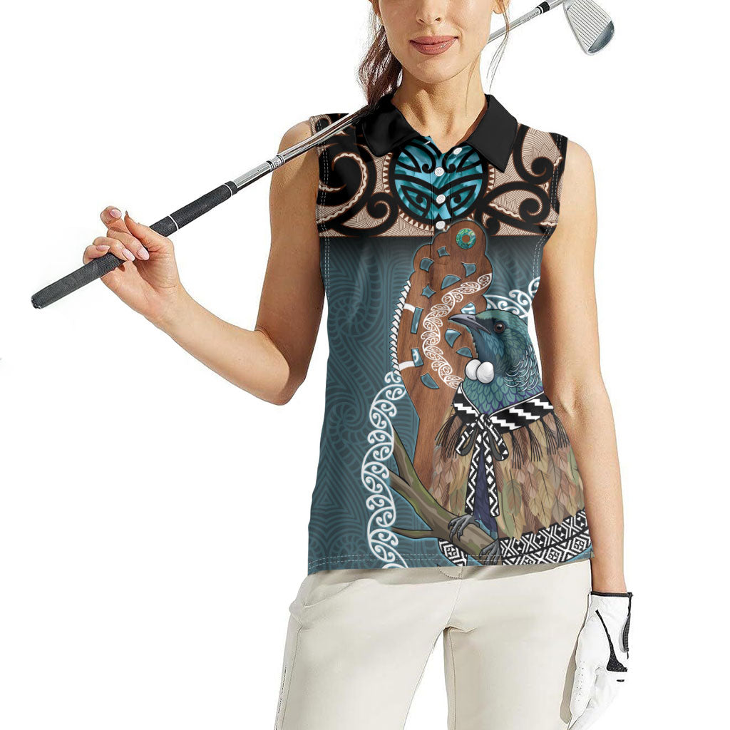 New Zealand Tui Bird Maripi Women Sleeveless Polo Shirt Maori Weapon Kowhaiwhai Pattern