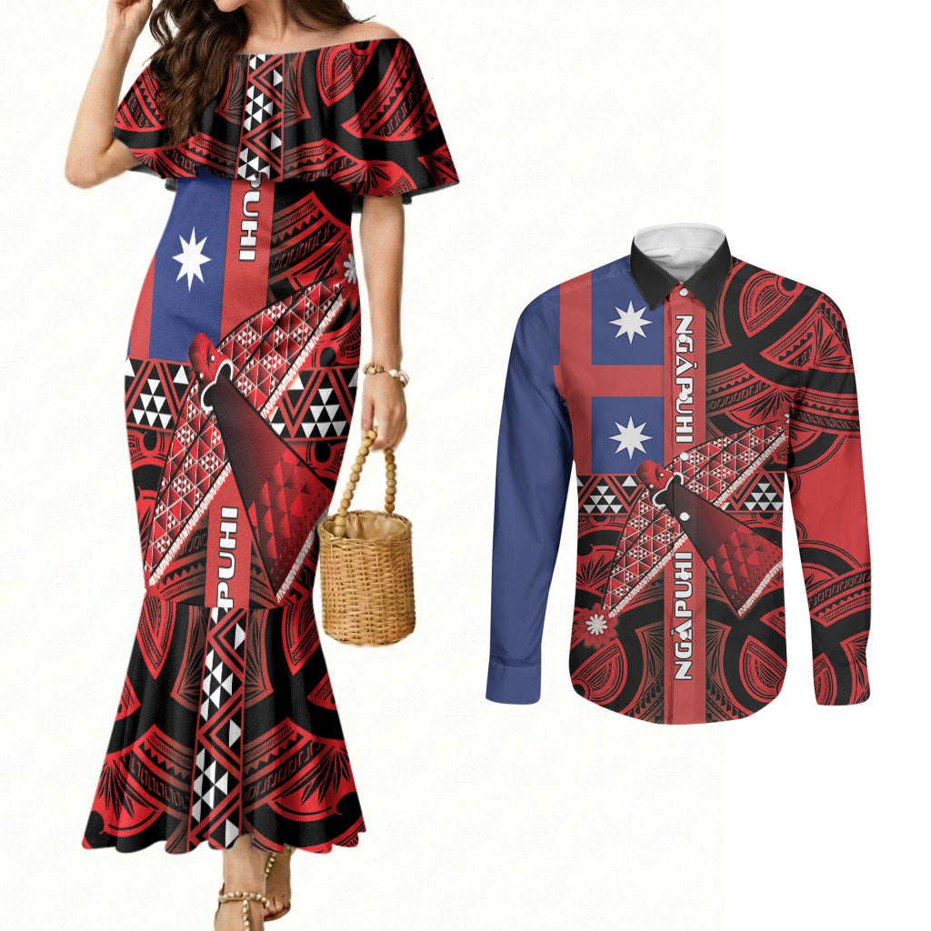 Aotearoa Iwi Ngapuhi Couples Matching Mermaid Dress and Long Sleeve Button Shirt Tuhoronuku Kite United Tribes Flag Maori Pattern LT22 Red - Polynesian Pride