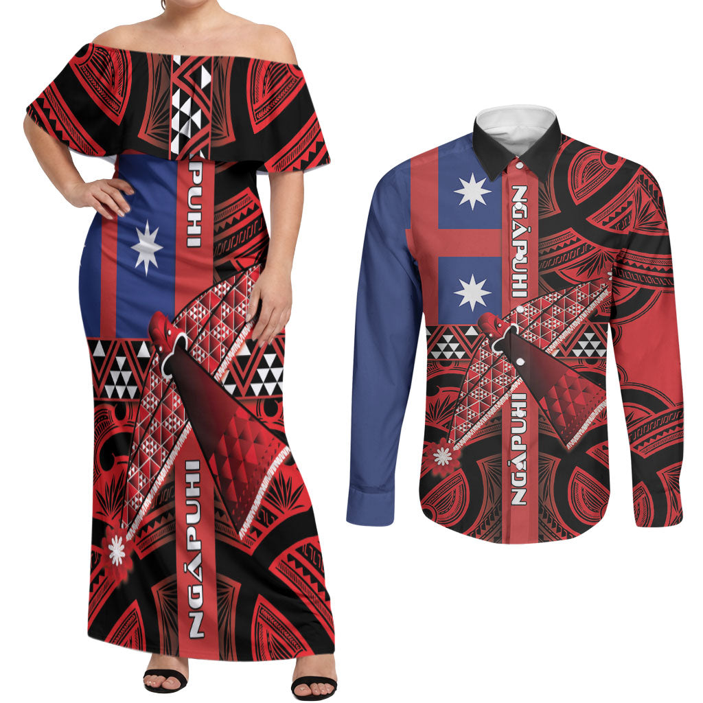 Aotearoa Iwi Ngapuhi Couples Matching Off Shoulder Maxi Dress and Long Sleeve Button Shirt Tuhoronuku Kite United Tribes Flag Maori Pattern LT22 Red - Polynesian Pride