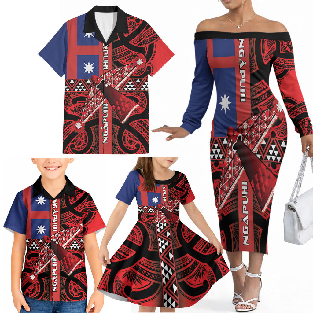 Aotearoa Iwi Ngapuhi Family Matching Off The Shoulder Long Sleeve Dress and Hawaiian Shirt Tuhoronuku Kite United Tribes Flag Maori Pattern