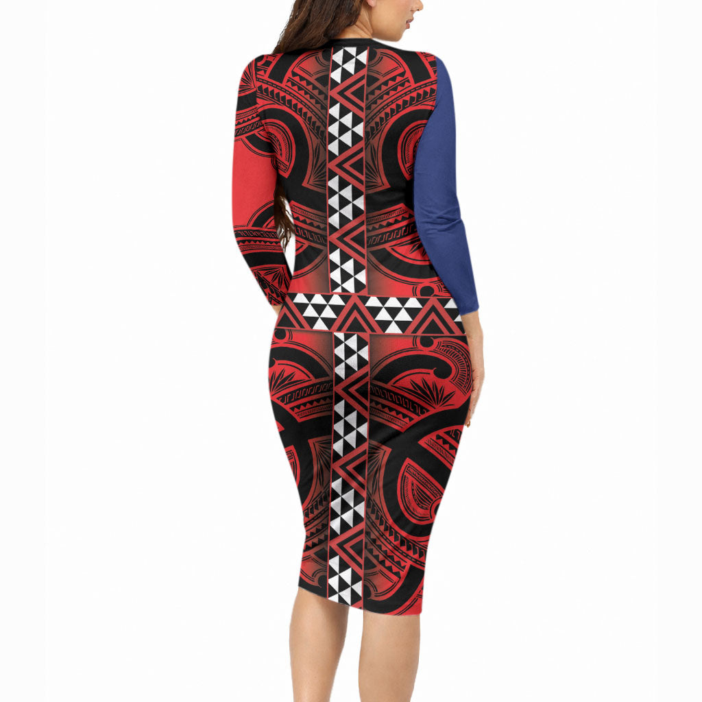 Aotearoa Iwi Ngapuhi Long Sleeve Bodycon Dress Tuhoronuku Kite United Tribes Flag Maori Pattern LT22 - Polynesian Pride