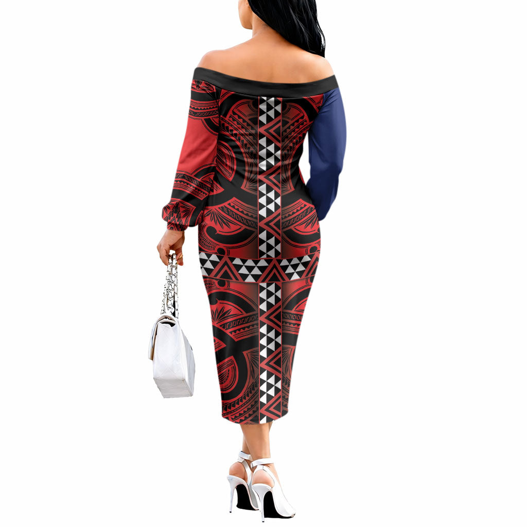 Aotearoa Iwi Ngapuhi Off The Shoulder Long Sleeve Dress Tuhoronuku Kite United Tribes Flag Maori Pattern LT22 - Polynesian Pride