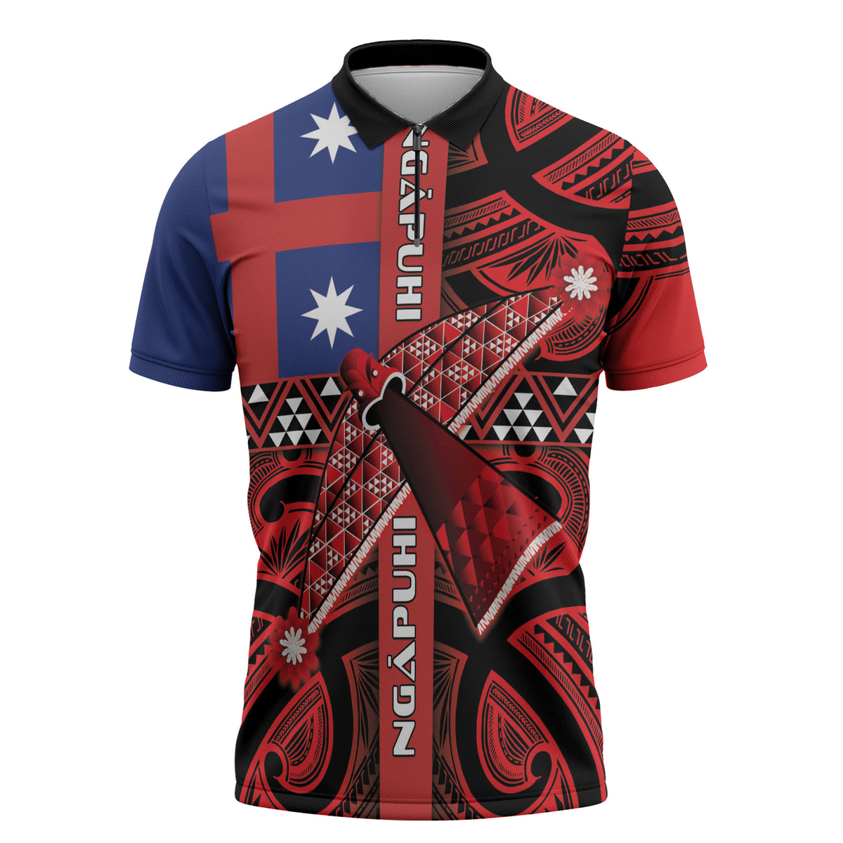 Aotearoa Iwi Ngapuhi Zipper Polo Shirt Tuhoronuku Kite United Tribes Flag Maori Pattern LT22 Red - Polynesian Pride