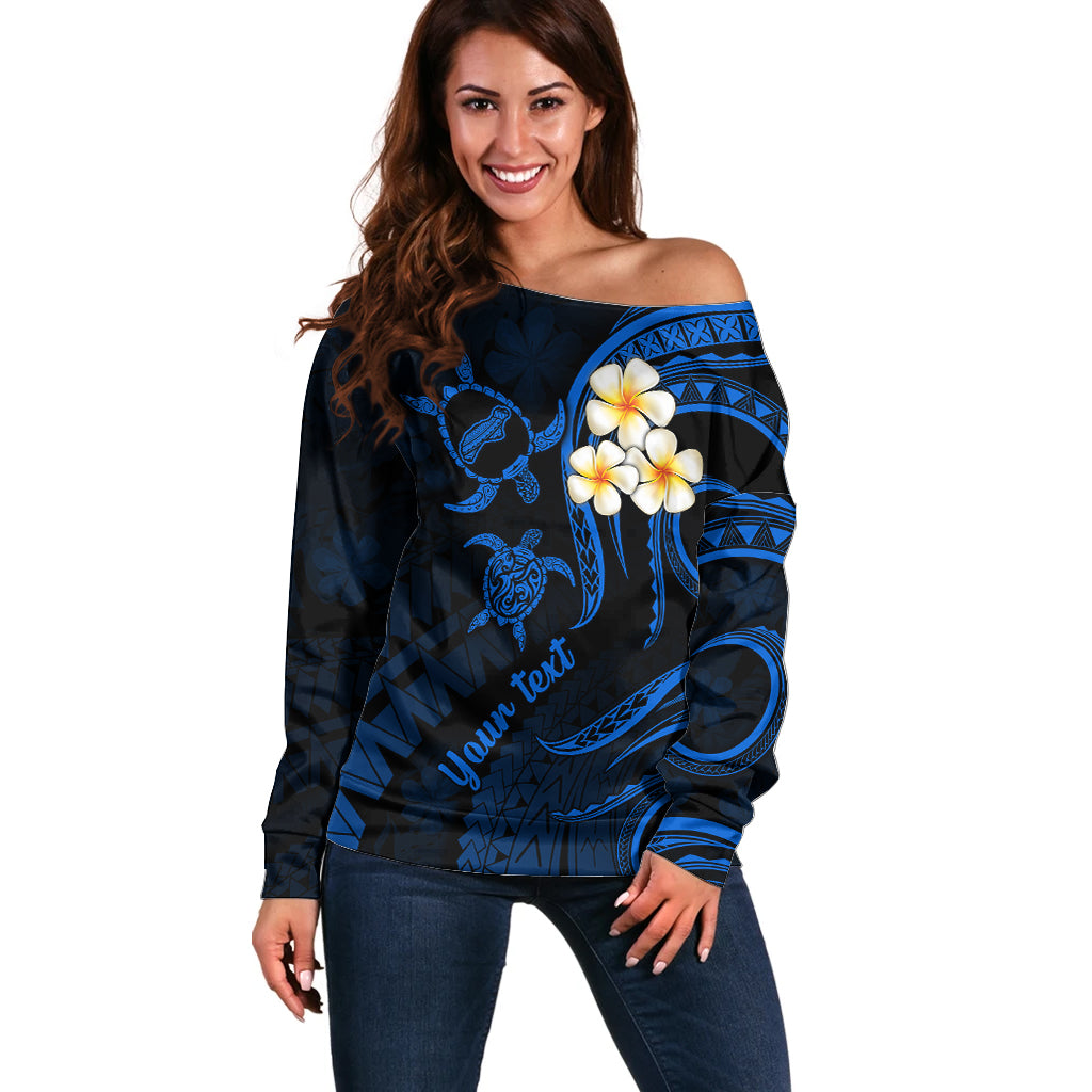 Personalised Niihau Hawaii Off Shoulder Sweater Polynesian Tattoo and Pacific Plumeria Blue Vibe LT9 Women Blue - Polynesian Pride