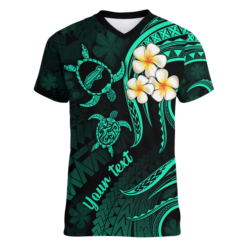 Personalised Niihau Hawaii Women V Neck T Shirt Polynesian Tattoo and Pacific Plumeria Turquoise Vibe LT9 Female Turquoise - Polynesian Pride