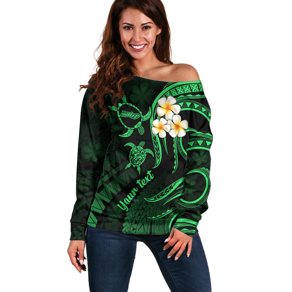 Personalised Molokai Hawaii Off Shoulder Sweater Polynesian Tattoo and Pacific Plumeria Green Vibe LT9 Women Green - Polynesian Pride