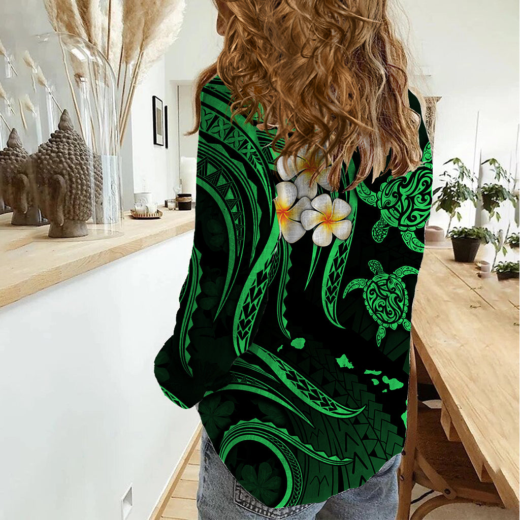 Personalised Molokai Hawaii Women Casual Shirt Polynesian Tattoo and Pacific Plumeria Green Vibe LT9 - Polynesian Pride