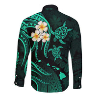 Personalised Molokai Hawaii Long Sleeve Button Shirt Polynesian Tattoo and Pacific Plumeria Turquoise Vibe LT9 - Polynesian Pride