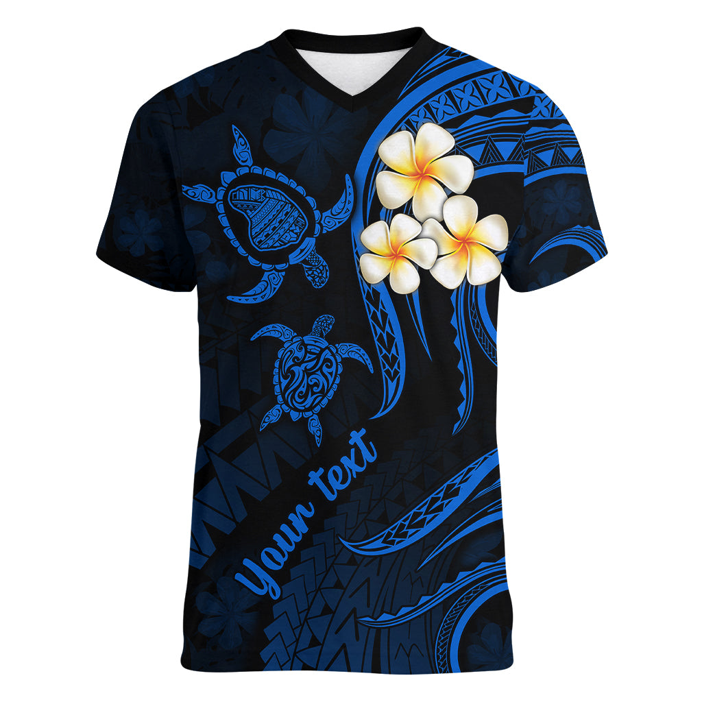 Personalised Lanai Hawaii Women V Neck T Shirt Polynesian Tattoo and Pacific Plumeria Blue Vibe LT9 Female Blue - Polynesian Pride