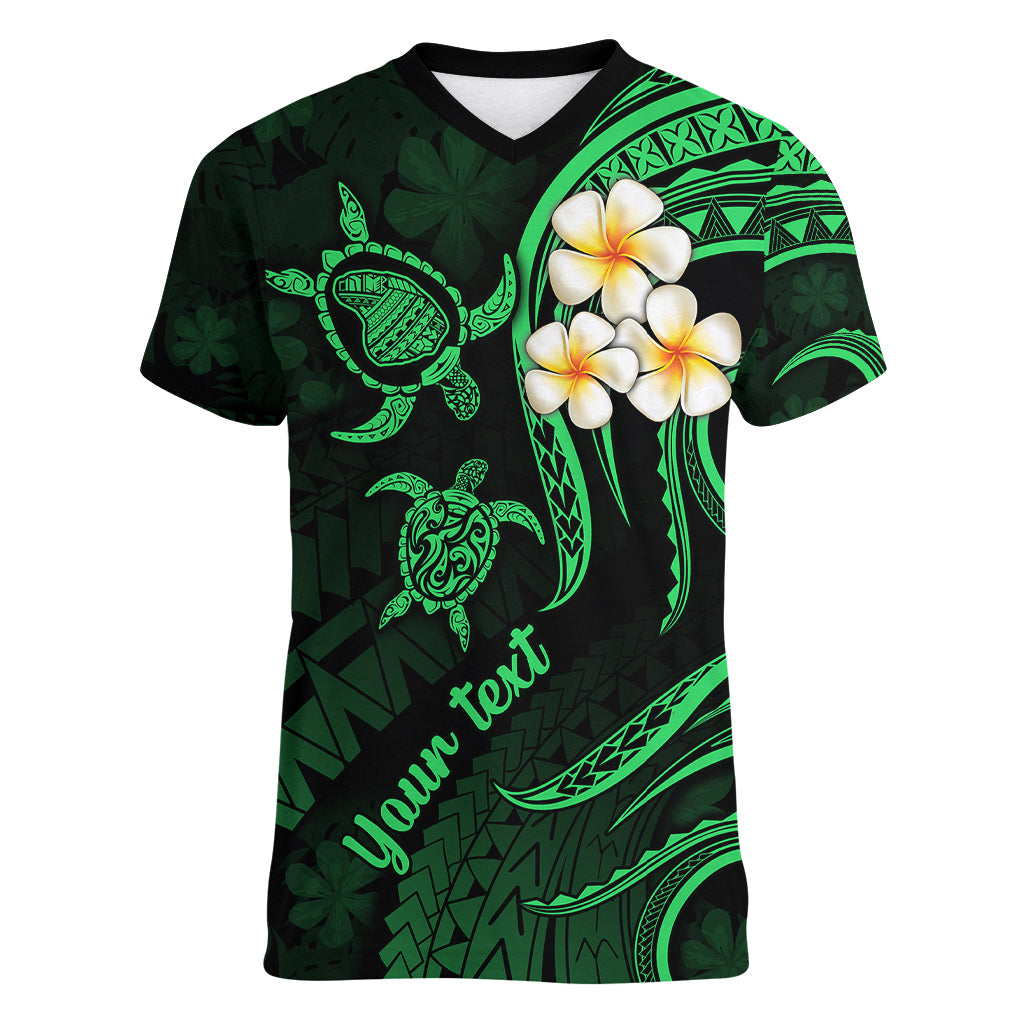 Personalised Lanai Hawaii Women V Neck T Shirt Polynesian Tattoo and Pacific Plumeria Green Vibe LT9 Female Green - Polynesian Pride