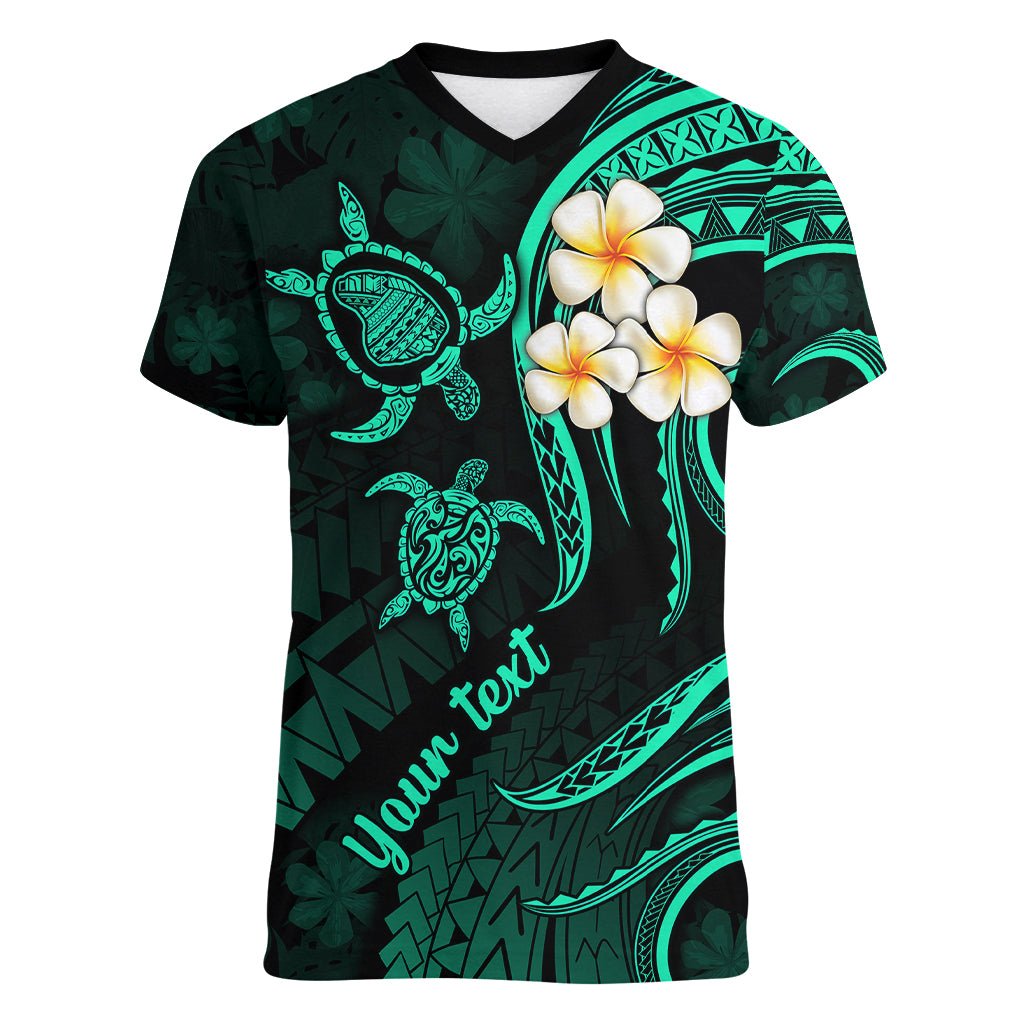 Personalised Lanai Hawaii Women V Neck T Shirt Polynesian Tattoo and Pacific Plumeria Turquoise Vibe LT9 Female Turquoise - Polynesian Pride