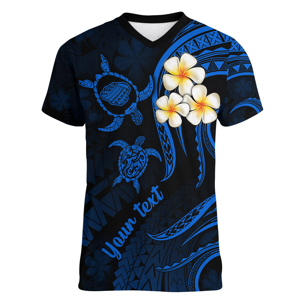 Personalised Kauai Hawaii Women V Neck T Shirt Polynesian Tattoo and Pacific Plumeria Blue Vibe LT9 Female Blue - Polynesian Pride