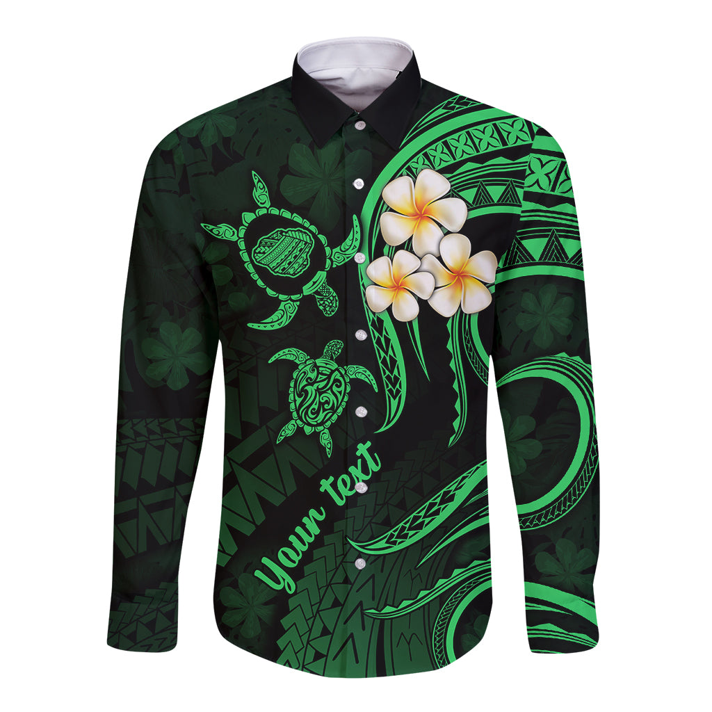 Personalised Kauai Hawaii Long Sleeve Button Shirt Polynesian Tattoo and Pacific Plumeria Green Vibe LT9 Unisex Green - Polynesian Pride