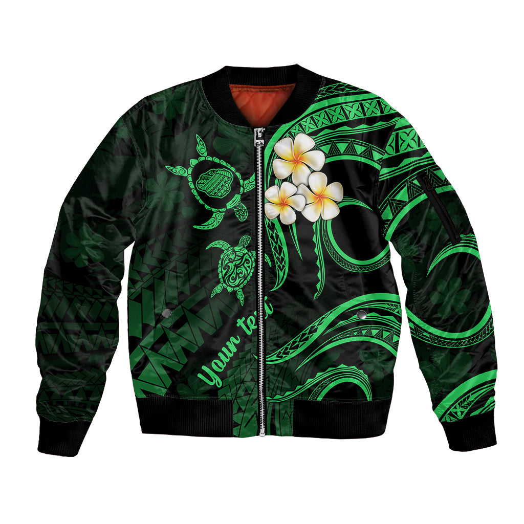 Personalised Kauai Hawaii Sleeve Zip Bomber Jacket Polynesian Tattoo and Pacific Plumeria Green Vibe LT9 Unisex Green - Polynesian Pride