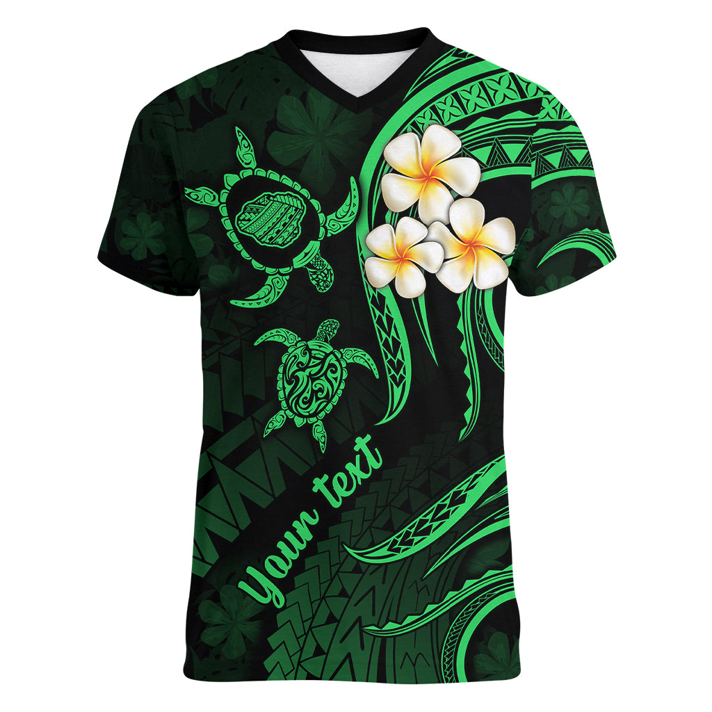 Personalised Kauai Hawaii Women V Neck T Shirt Polynesian Tattoo and Pacific Plumeria Green Vibe LT9 Female Green - Polynesian Pride