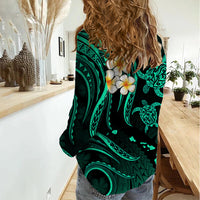 Personalised Kauai Hawaii Women Casual Shirt Polynesian Tattoo and Pacific Plumeria Turquoise Vibe LT9 - Polynesian Pride