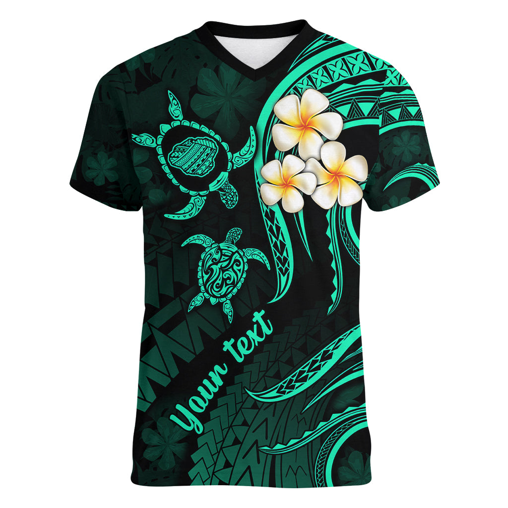 Personalised Kauai Hawaii Women V Neck T Shirt Polynesian Tattoo and Pacific Plumeria Turquoise Vibe LT9 Female Turquoise - Polynesian Pride