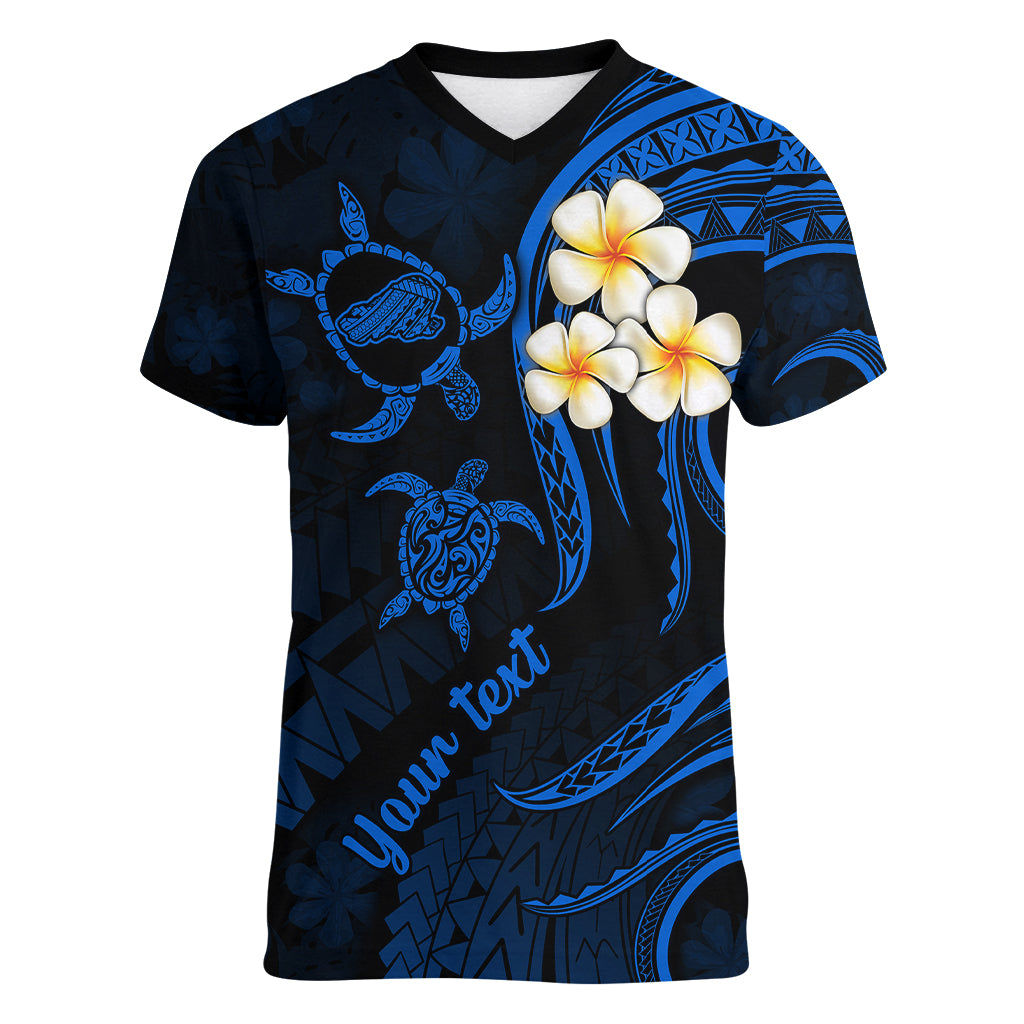 Personalised Kahoolawe Hawaii Women V Neck T Shirt Polynesian Tattoo and Pacific Plumeria Blue Vibe LT9 Female Blue - Polynesian Pride