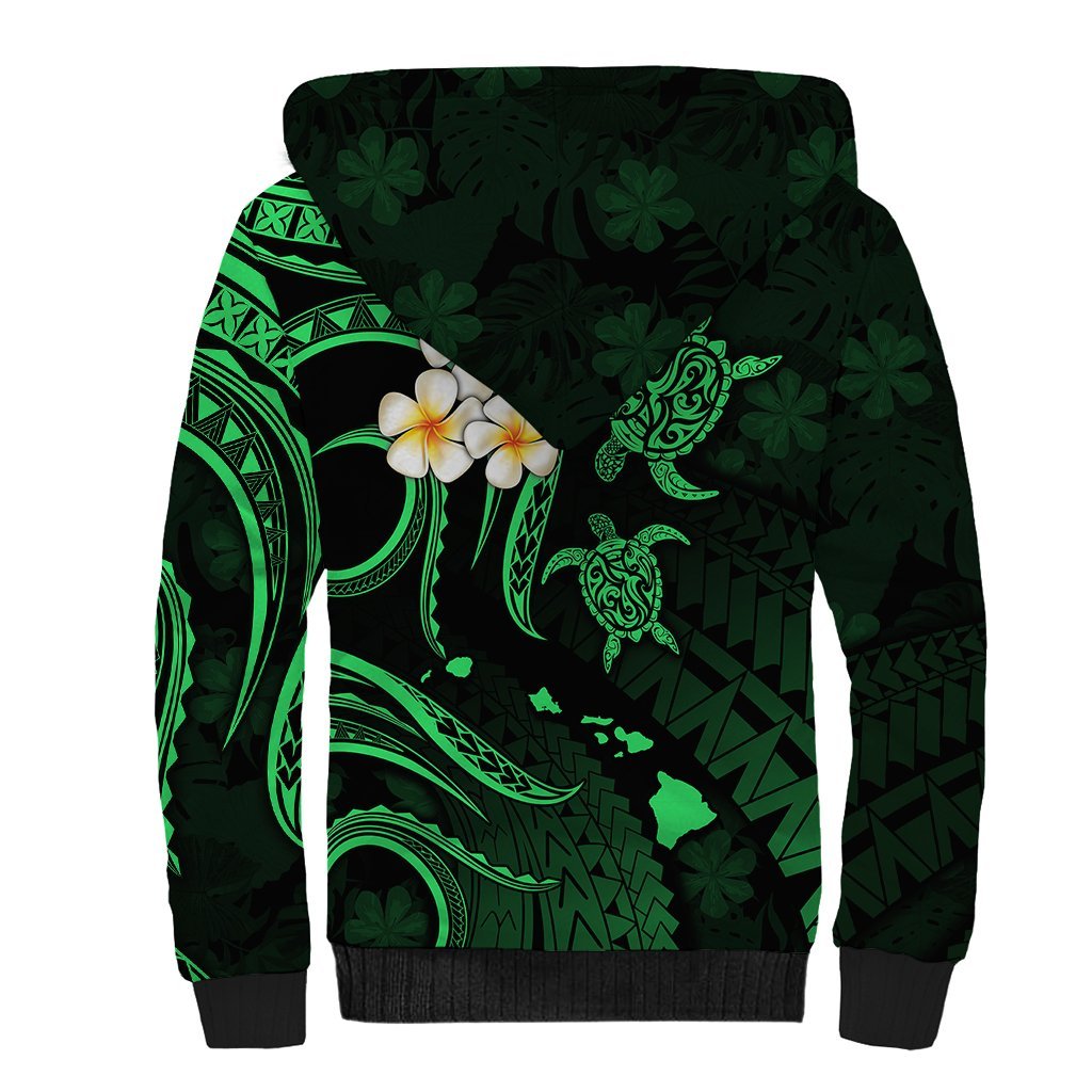 Personalised Kahoolawe Hawaii Sherpa Hoodie Polynesian Tattoo and Pacific Plumeria Green Vibe LT9 - Polynesian Pride