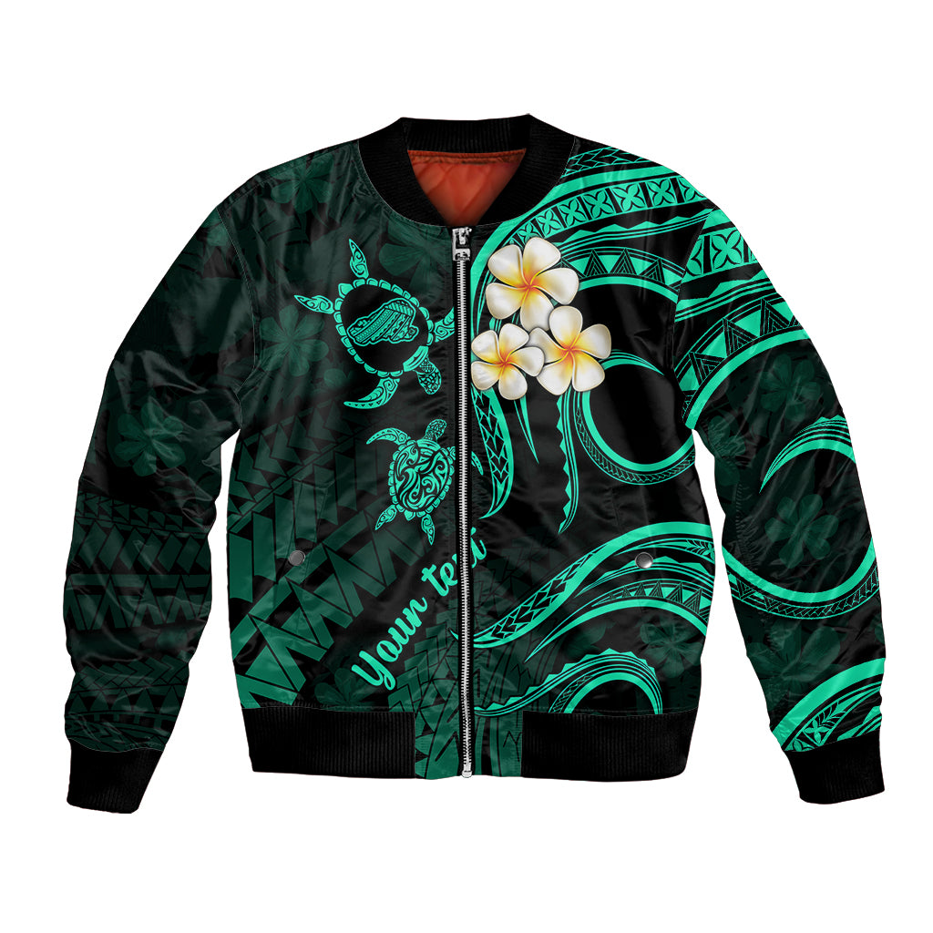 Personalised Kahoolawe Hawaii Bomber Jacket Polynesian Tattoo and Pacific Plumeria Turquoise Vibe LT9 Unisex Turquoise - Polynesian Pride