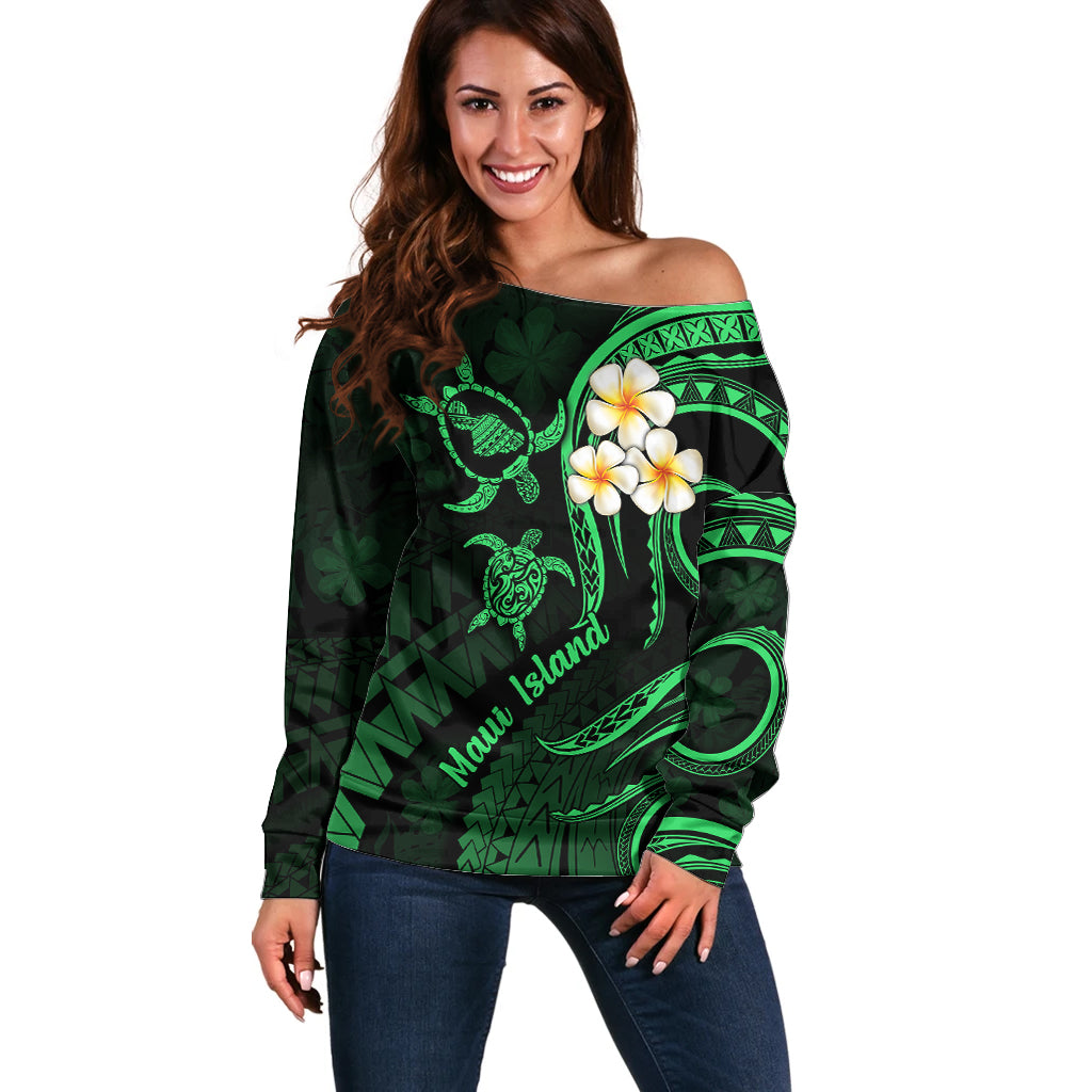 Hawaii Off Shoulder Sweater Maui Islands Pacific Plumeria Green Vibe LT9 Women Green - Polynesian Pride