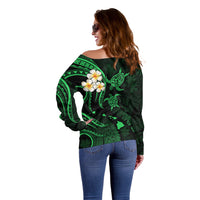 Personalised Maui Hawaii Off Shoulder Sweater Polynesian Tattoo and Pacific Plumeria Green Vibe LT9 - Polynesian Pride