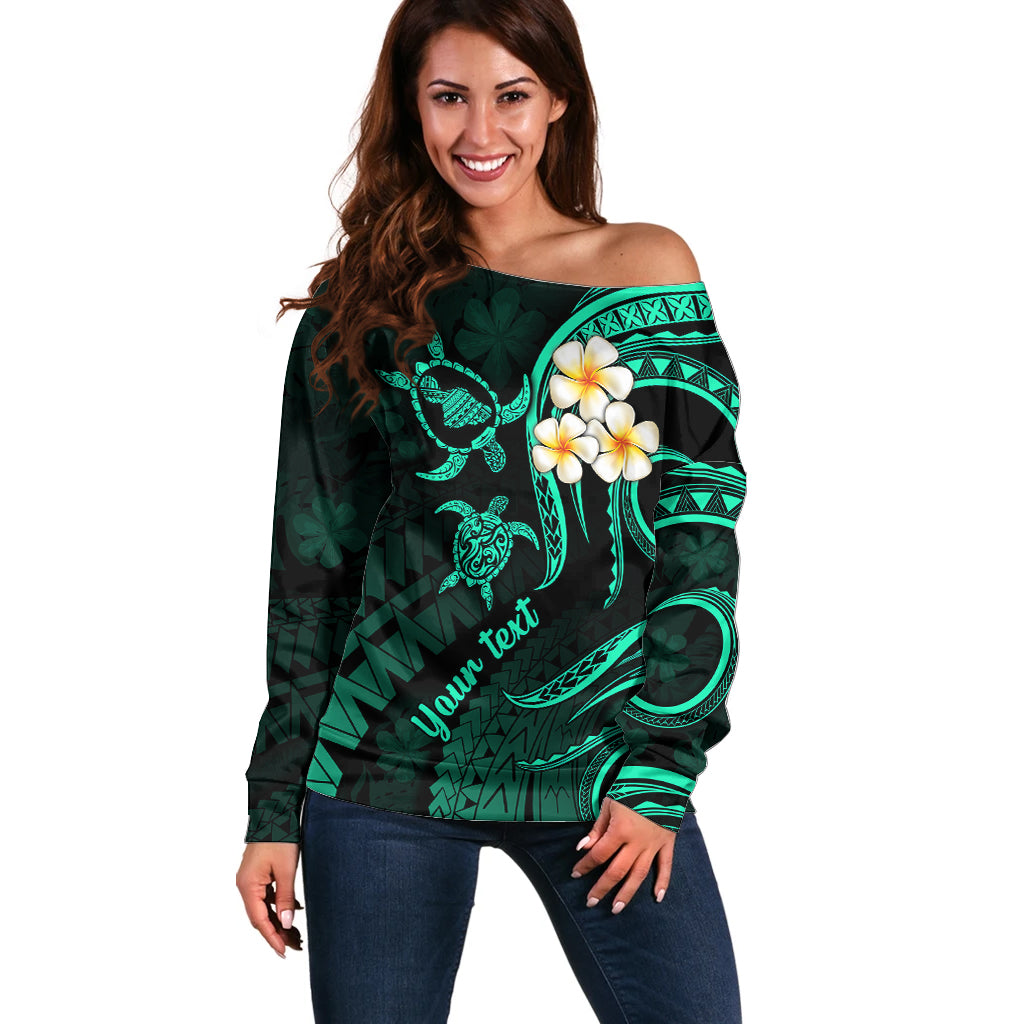 Personalised Maui Hawaii Off Shoulder Sweater Polynesian Tattoo and Pacific Plumeria Turquoise Vibe LT9 Women Turquoise - Polynesian Pride