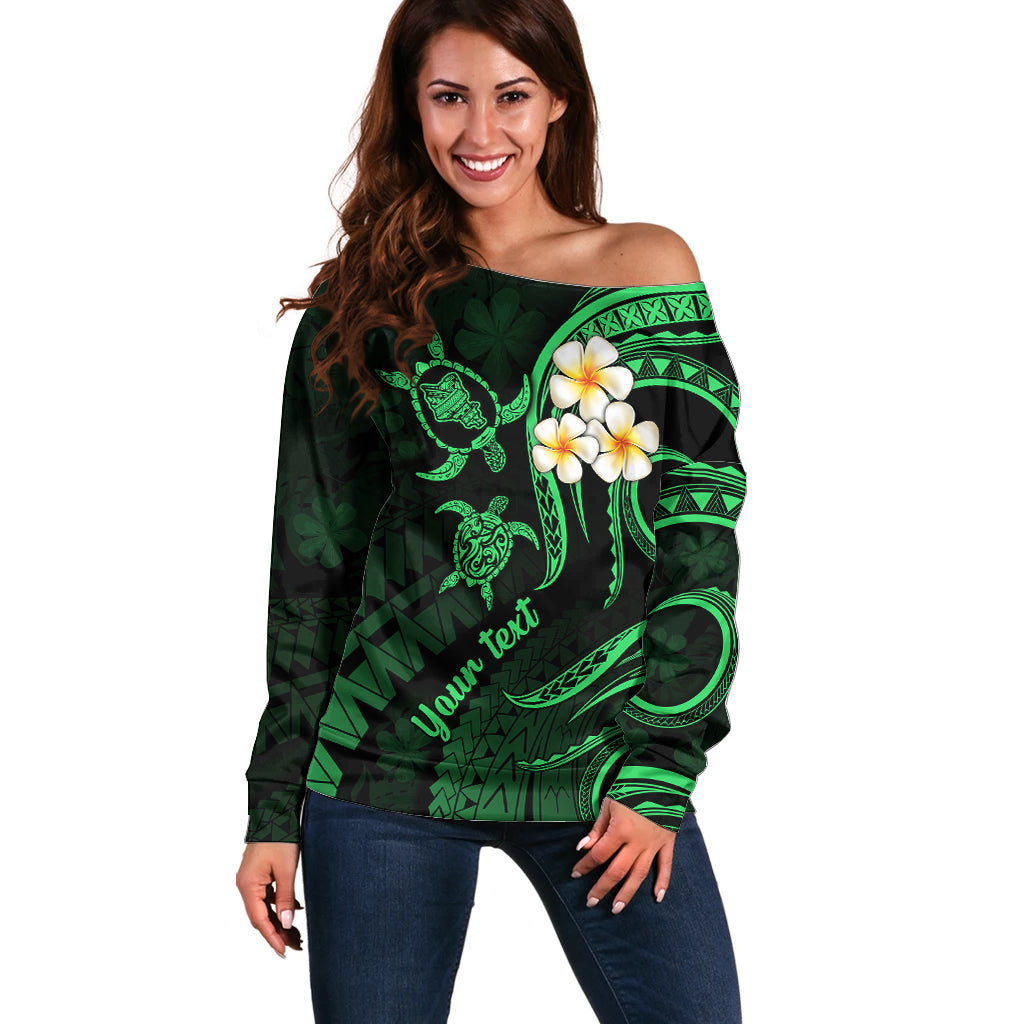 Personalised Oahu Hawaii Off Shoulder Sweater Polynesian Tattoo and Pacific Plumeria Green Vibe LT9 Women Green - Polynesian Pride