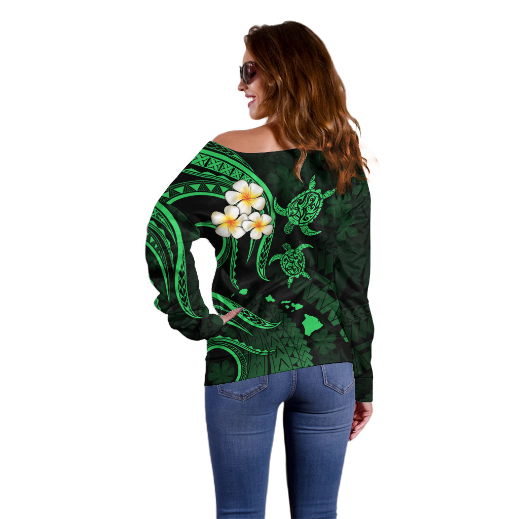 Personalised Oahu Hawaii Off Shoulder Sweater Polynesian Tattoo and Pacific Plumeria Green Vibe LT9 - Polynesian Pride