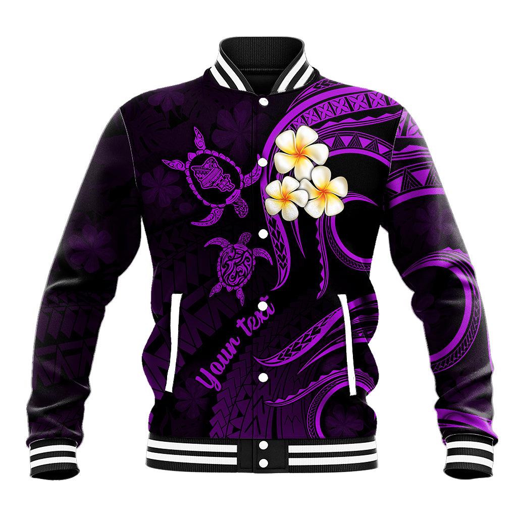 Personalised Oahu Hawaii Baseball Jacket Polynesian Tattoo and Pacific Plumeria Purple Vibe LT9 Unisex Purple - Polynesian Pride