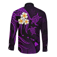 Personalised Oahu Hawaii Long Sleeve Button Shirt Polynesian Tattoo and Pacific Plumeria Purple Vibe LT9 - Polynesian Pride