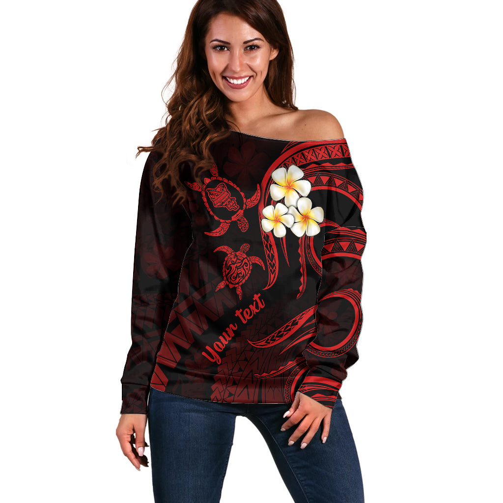 Personalised Oahu Hawaii Off Shoulder Sweater Polynesian Tattoo and Pacific Plumeria Red Vibe LT9 Women Red - Polynesian Pride