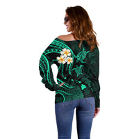 Personalised Oahu Hawaii Off Shoulder Sweater Polynesian Tattoo and Pacific Plumeria Turquoise Vibe LT9 - Polynesian Pride