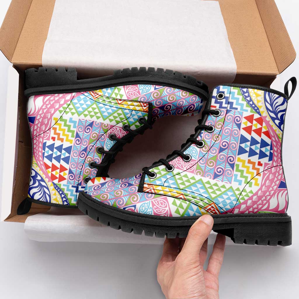 Maori Kowhaiwhai Taniko Patchwork Rainbow Motifs Leather Boots LT9 - Polynesian Pride