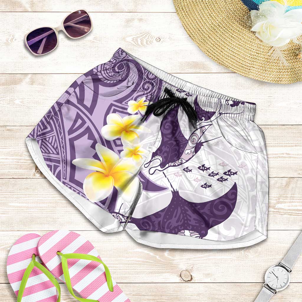 Maori Manta Ray Plumeria Deep Purple Shorts for Women LT01 Purple - Polynesian Pride