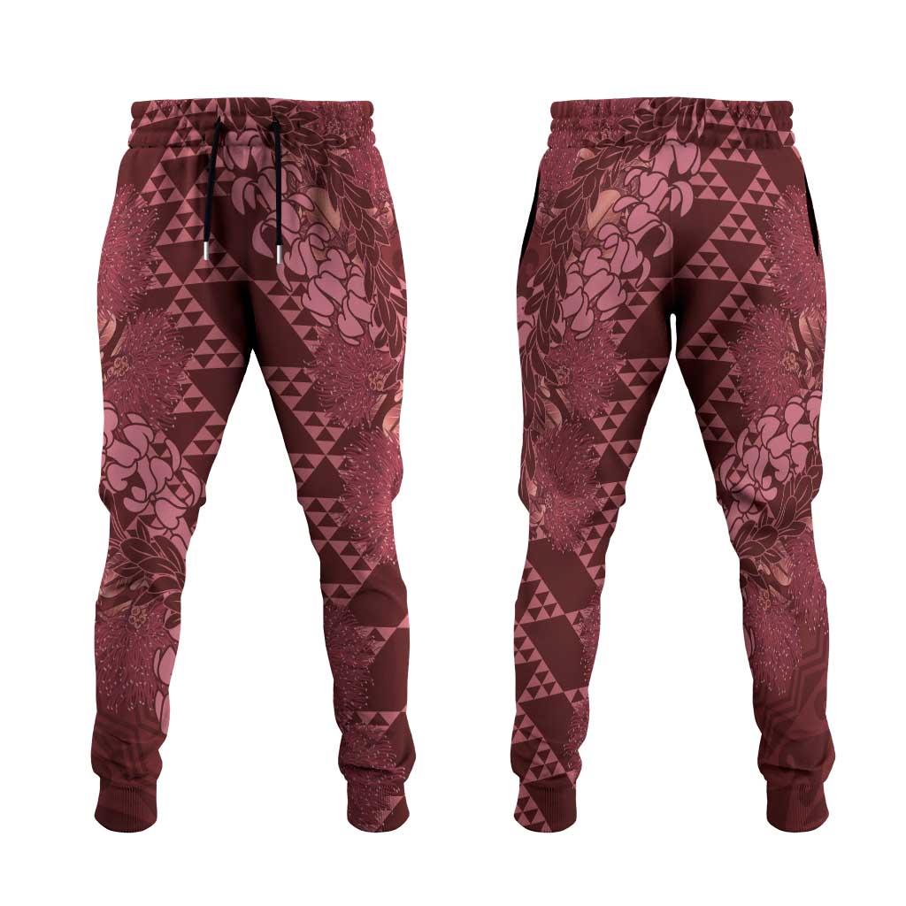 Maroon Aloha Hawaii Jogger Pants Hawaiian Kakau Ohia Lehua Lei - Polynesian Pride