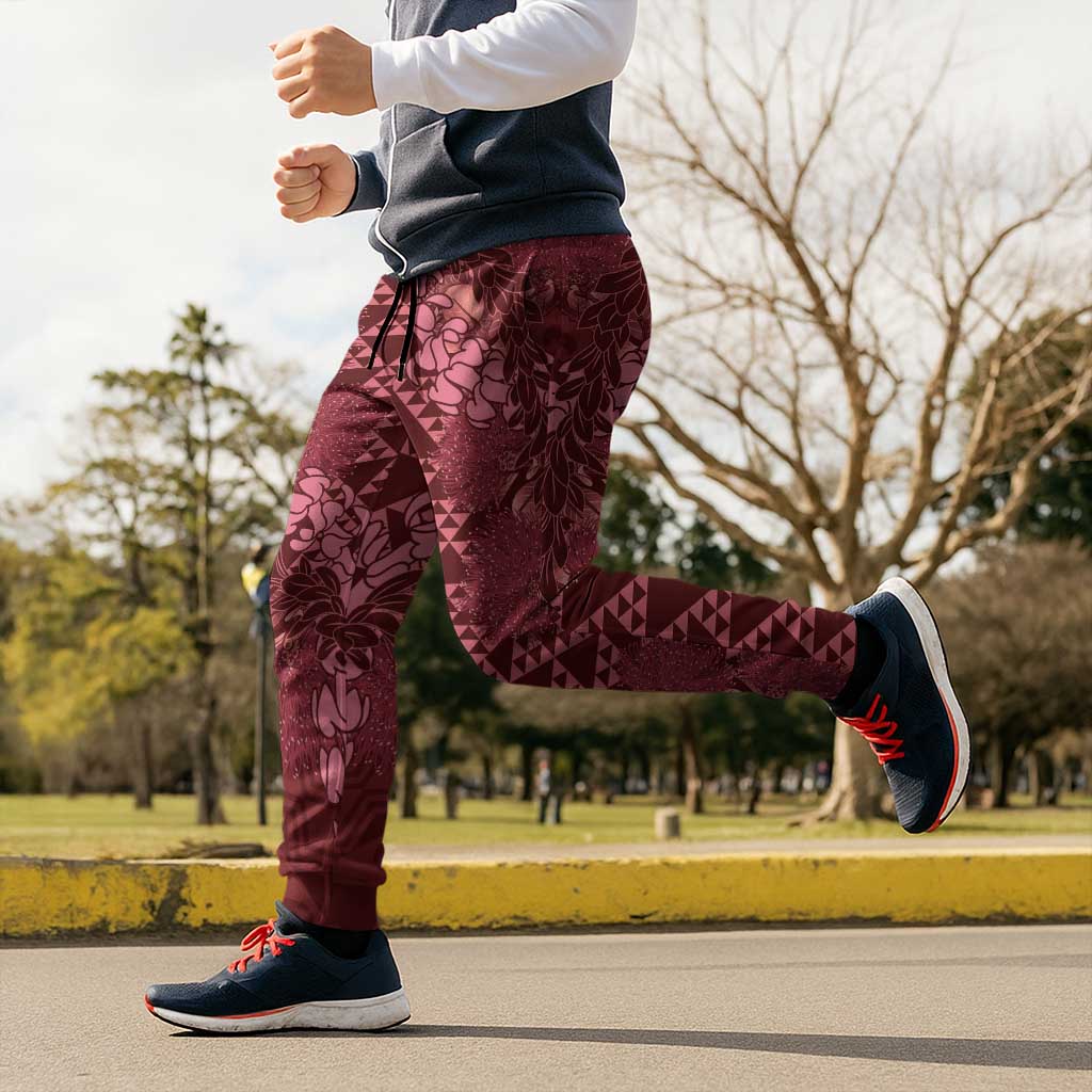 Maroon Aloha Hawaii Jogger Pants Hawaiian Kakau Ohia Lehua Lei - Polynesian Pride