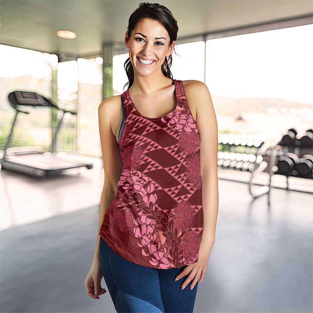 Maroon Aloha Hawaii Women Racerback Tank Hawaiian Kakau Ohia Lehua Lei - Polynesian Pride
