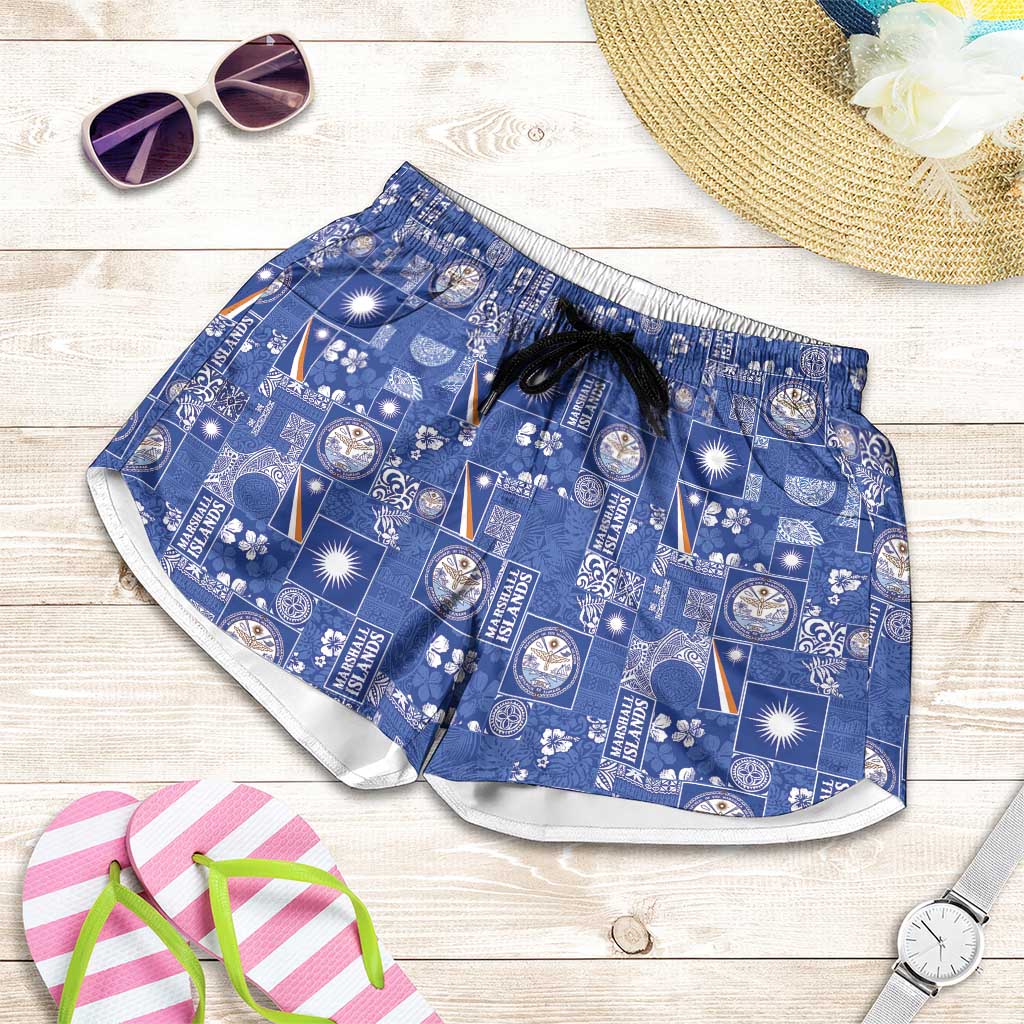 Marshall Islands Merry Christmas Shorts for Women Pacific Patchwork Xmas Vibes LT9 Blue - Polynesian Pride