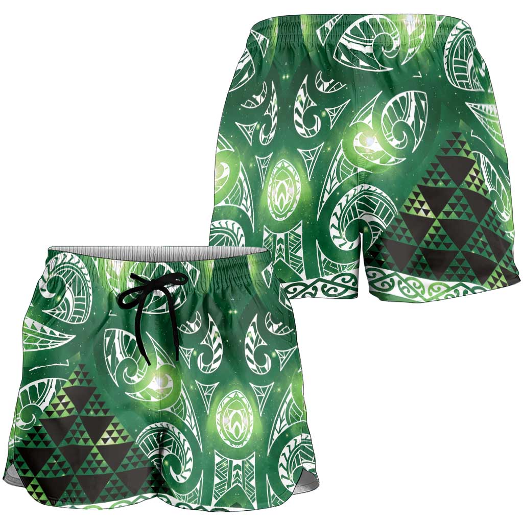 Matariki New Zealand Shorts for Women NZ Niho Taniwha Maori New Year Green Galaxy LT14 - Polynesian Pride