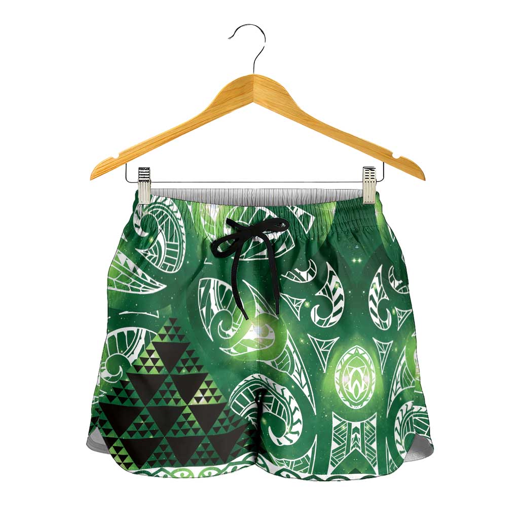 Matariki New Zealand Shorts for Women NZ Niho Taniwha Maori New Year Green Galaxy LT14 - Polynesian Pride