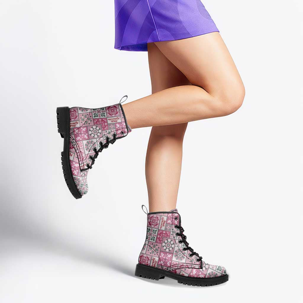 Mele Kalikimaka Hawaii Christmas Leather Boots Akala Seamless Floral Motif - Polynesian Pride