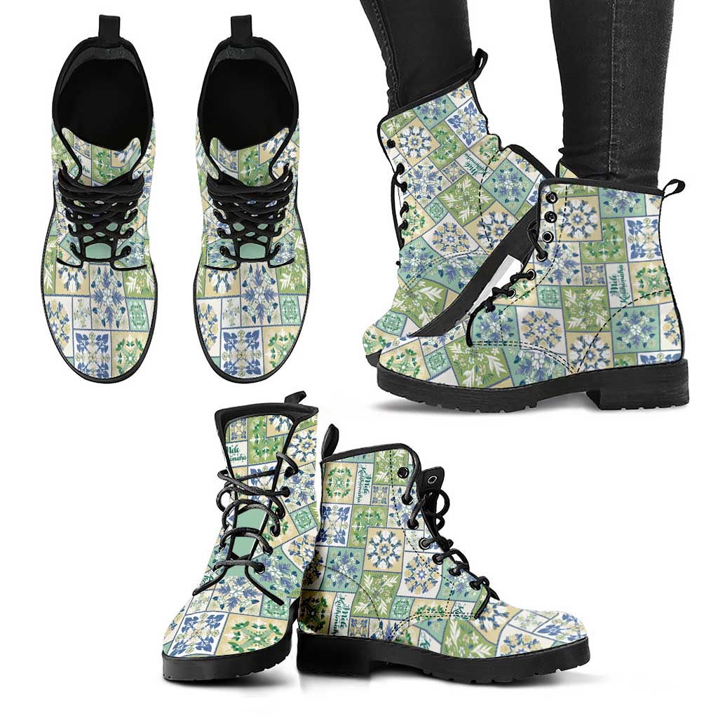 Mele Kalikimaka Hawaii Christmas Leather Boots Omaomao Seamless Floral Motif - Polynesian Pride