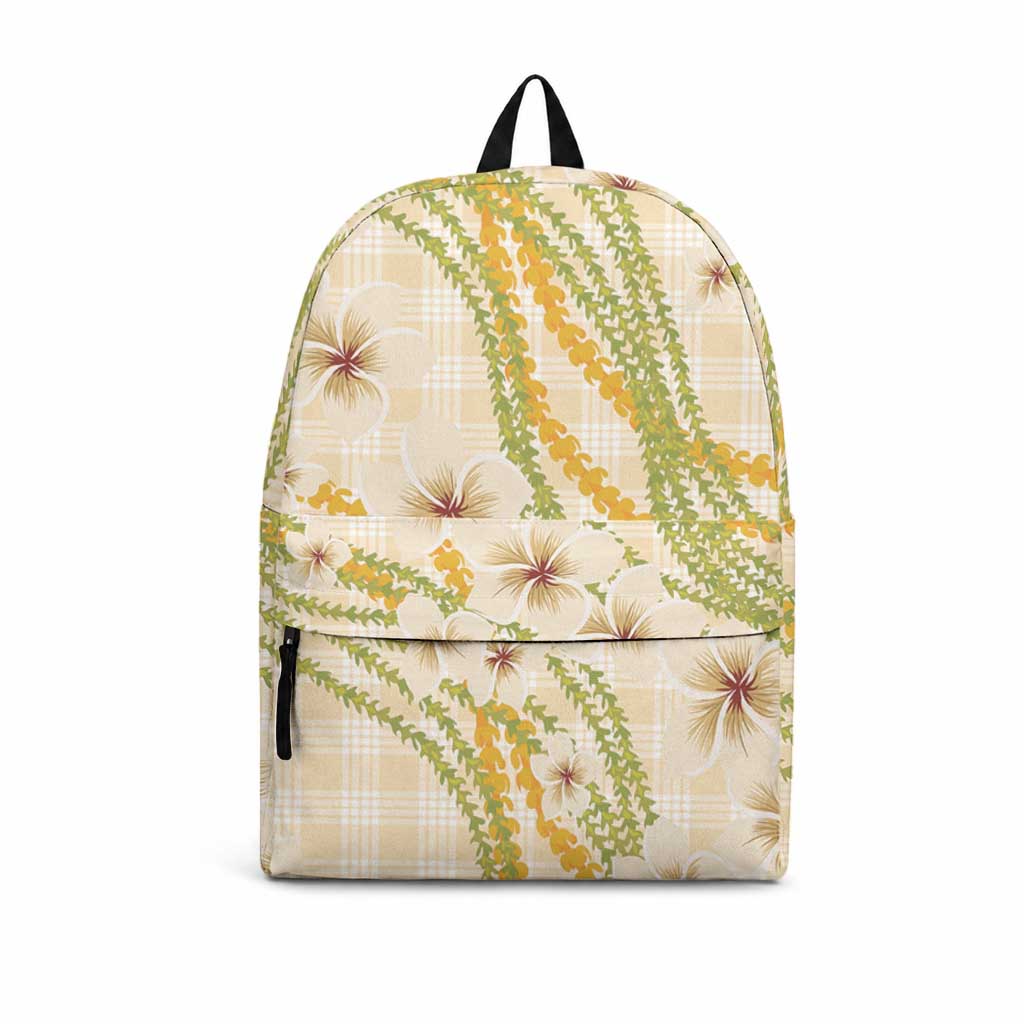 Melemele Ahiahia Hawai'i Palaka Plumeria Backpack Puakenikeni and Maile Lei