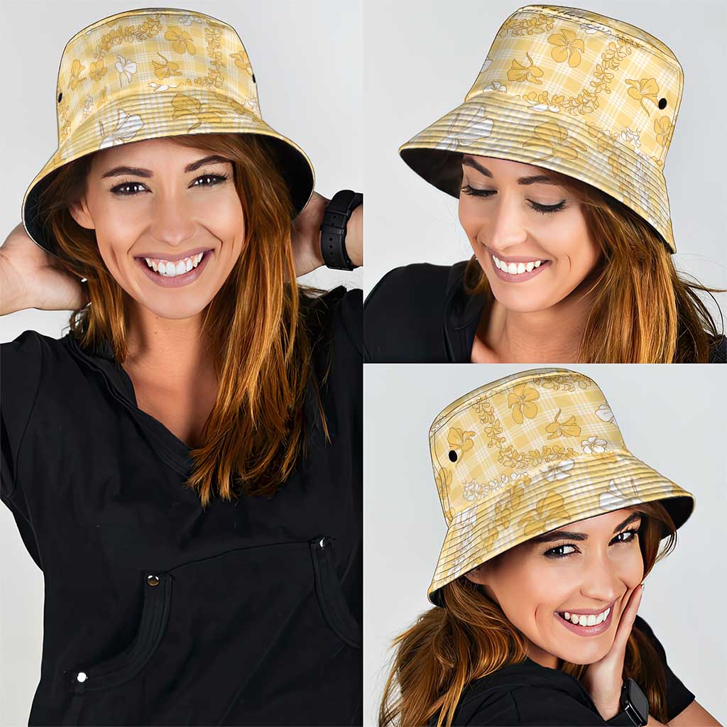 Melemele Aloha Hawaii Bucket Hat Plumeria Lei With Palaka Motif - Polynesian Pride