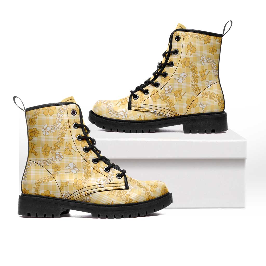 Melemele Aloha Hawaii Leather Boots Plumeria Lei With Palaka Motif - Polynesian Pride