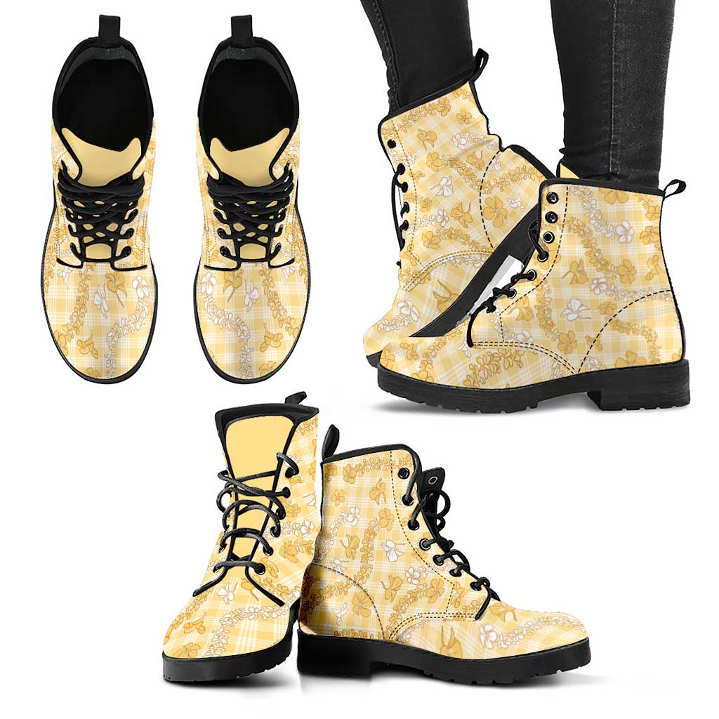 Melemele Aloha Hawaii Leather Boots Plumeria Lei With Palaka Motif - Polynesian Pride