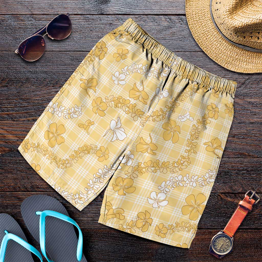 Melemele Aloha Hawaii Shorts for Men Plumeria Lei With Palaka Motif - Polynesian Pride