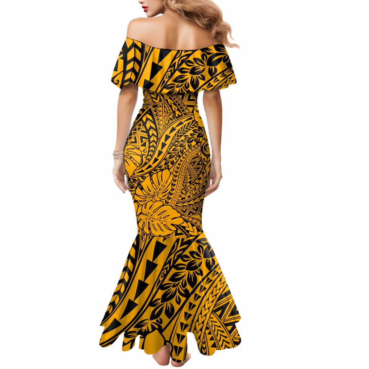 Hawaii Couples Matching Mermaid Dress and Hawaiian Shirt - Gold Polynesian Tribal Art LT14